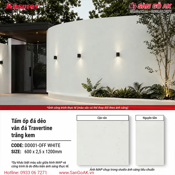 Tấm ốp đá dẻo Kosmos DD001-OFF WHITE vân đá Travertine trắng kem